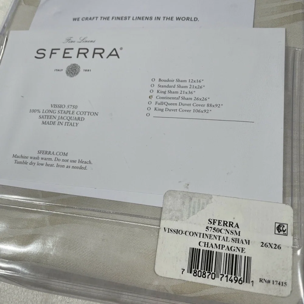 NIB SFERRA Vissio [ 1 Euro Continental]‎ Pillow Sham Champagne 26 x 26